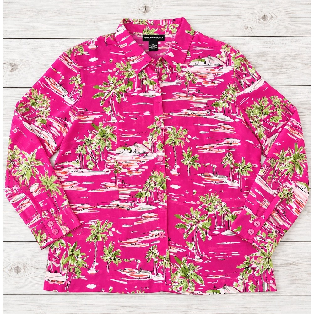 Norton McNaughton Button Down Shirt Tropical Palm Tree Beach Pink 18 4536